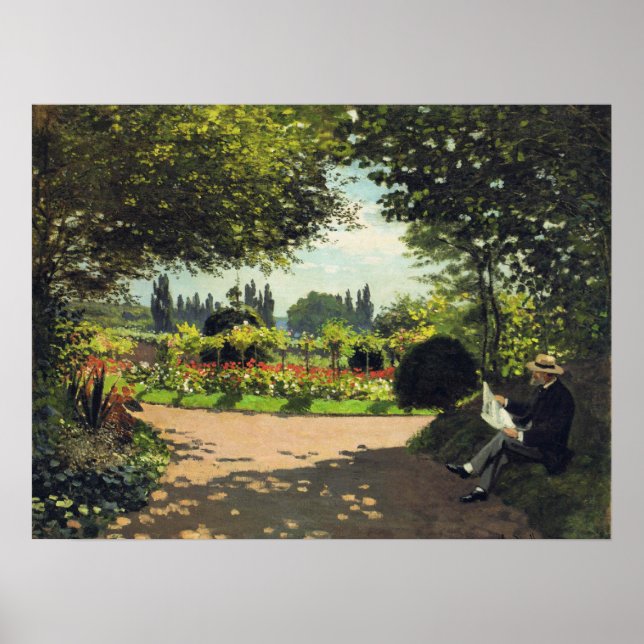 Pôster Adolphe Monet Reading in the Garden - Claude Monet (Frente)