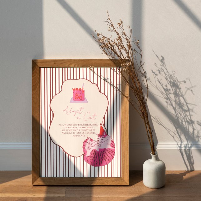 Poster Adopt a Cat Pink Cake on Stripes Birthday Decor (Criador carregado)