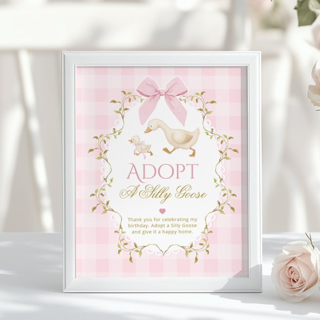 Poster Adopt A Silly Goose Pink Gingham 1st Birthday (Criador carregado)