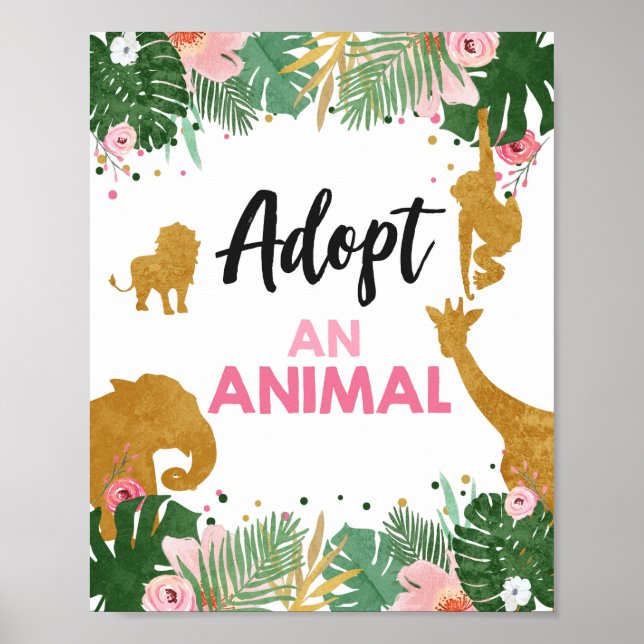 Poster Adopt an Animal Safari Table Sign Jungle Girl Pink (Frente)