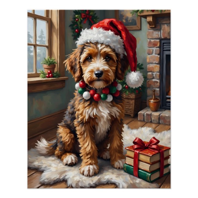Pôster Adorable Bernedoodle Dog Cozy Knitted Santa Hat (Frente)