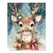 Adorable Christmas Reindeer Watercolor Wall Decor
