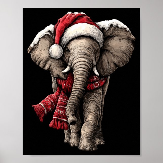 Poster Adorable Elephant In Santa Hat Snowy Winter Christ (Frente)