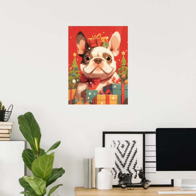 Poster Adorable French Bulldog with Christmas Gifts (Escritório em casa)