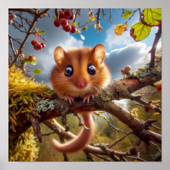Poster Adorable Hazel Dormouse em uma árvore de floresta (Frente)