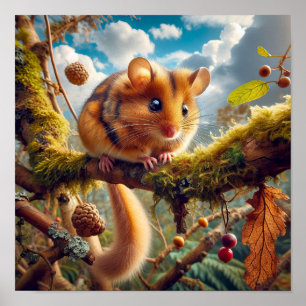 Poster Adorable Hazel Dormouse em uma árvore de floresta
