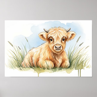 Poster Adorable Highland Calf Watercolor | Cute Nursery
