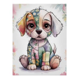 Pôster Adorable Patchwork Puppy with Big Eyes - Whimsical