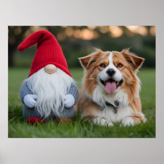 Poster Adorable Plush Gnome and Fluffy Dog Lying in Grass