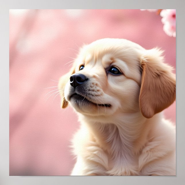 Poster Adorable Puppy Sitting Under Blooming Cherry Trees (Frente)