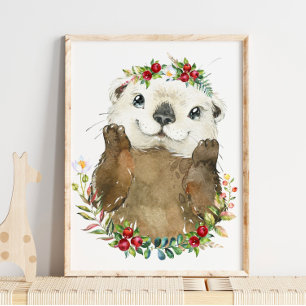 Poster Adorable Sea Otter Nursery Floral   Wall Print 