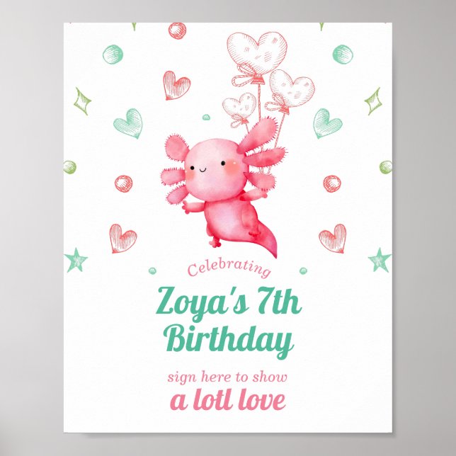 Poster Adorable Watercolor Baby Axolotl Birthday Signal (Frente)