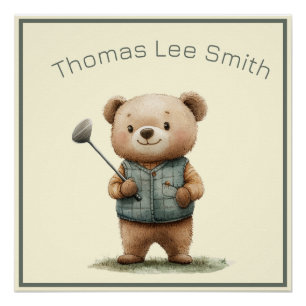 Pôster Adorável Bear Golfer Nursery