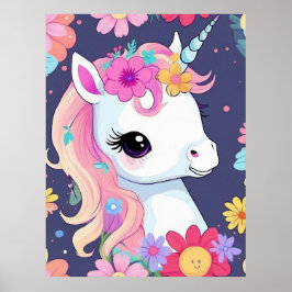 Poster Adorável Bebê Unicórnio Branco com Flores