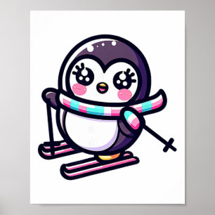 Poster Adorável Cachecol Listrado de Pinguim de Esqui Inv