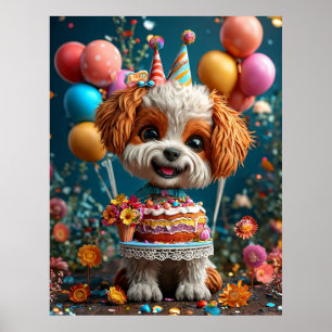 Poster Adorável Cachorrinho Comemora Aniversário