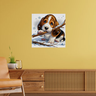 Poster Adorável Cachorrinho Segurando um Graveto Nevado