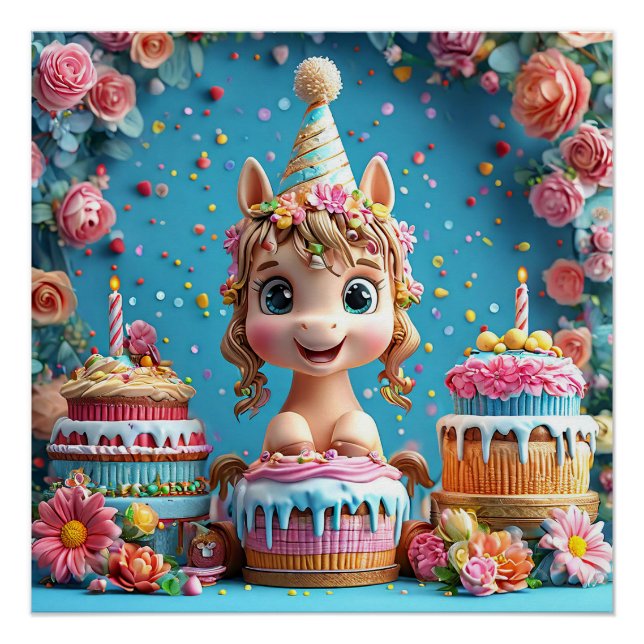 Pôster Adorável Cartoon Pony Celebrando Aniversário (Frente)