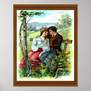 Poster Adorável Casal Vintage Hugging Bench Floral