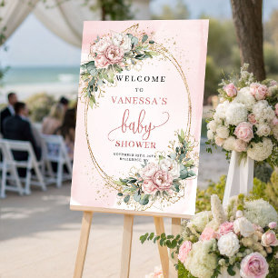 Poster Adorável Chuveiro de Bebê Floral em Dourado Rosa E