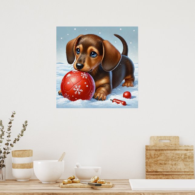 Poster Adorável Dachshund Puppy Brincando Na Neve (Cozinha)