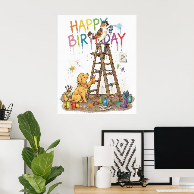 Poster Adorável Feliz Aniversário (Escritório em casa)