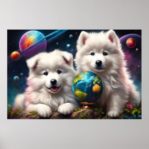 Poster Adorável Fofo Samoyed Puppies, Paz na Terra