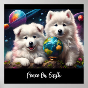 Poster Adorável Fofo Samoyed Puppies, Paz na Terra