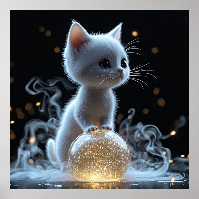 Poster Adorável gatinho branco com brilho místico (Frente)