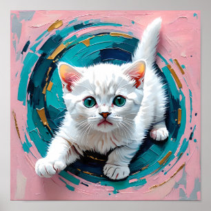 Poster Adorável gatinho branco em redemoinho azul-turques