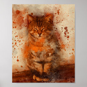 Poster adorável gatinho dormindo pintura aquosa
