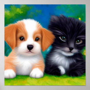 Poster Adorável Gatinho E Cãozinho Relaxando Na Lâmpada
