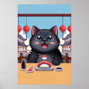 Poster Adorável Gato Preto Comendo Sushi Japão Kawaii Pos