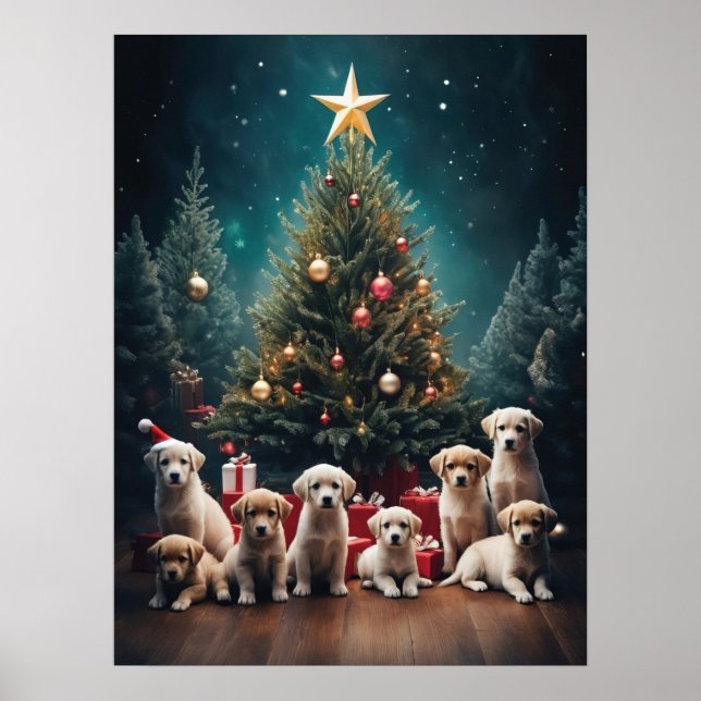 Poster Adorável Labrador Retriever Puppies Arte de Natal (Frente)