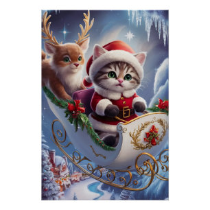 Pôster Adorável Maine Coon Papai Noel Kitten em Enchante