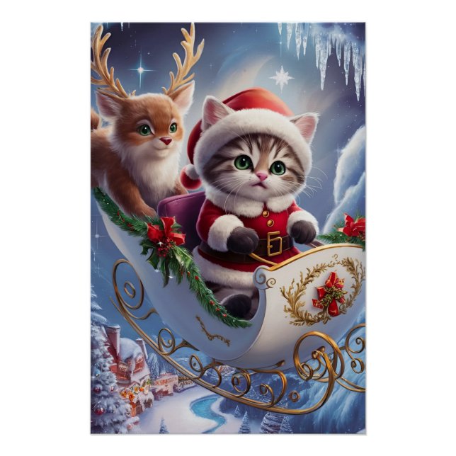Pôster Adorável Maine Coon Papai Noel Kitten em Enchante (Frente)
