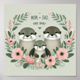 Poster Adorável Otter Boho Mãe Pai e bebê