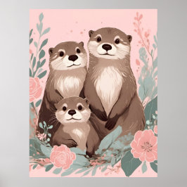 Poster Adorável Otter Boho Rosa Rosa Rosa Pai e Bebê