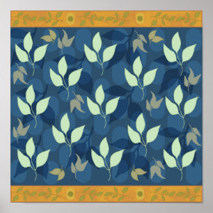 Poster Adorável padrão verde e azul de folha