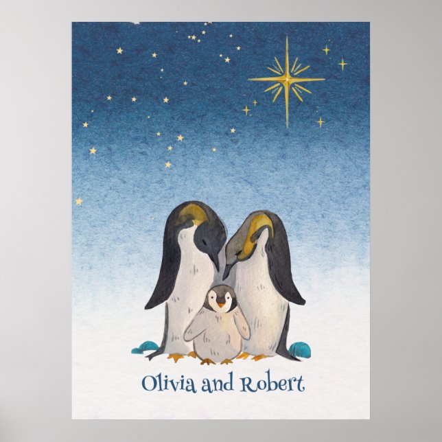 Poster Adorável Pinguin Family Watercolor (Frente)