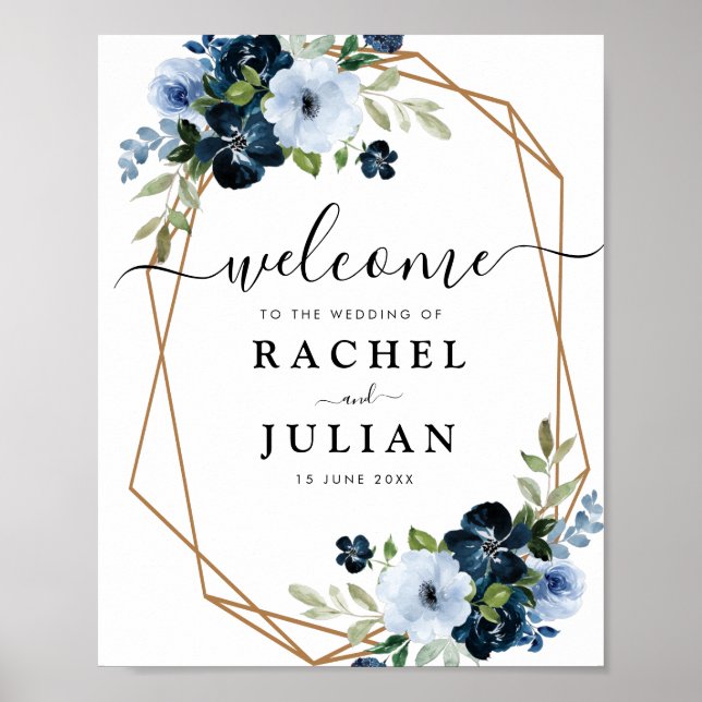 Poster adorável placa de casamento floral azul-aquarela (Frente)