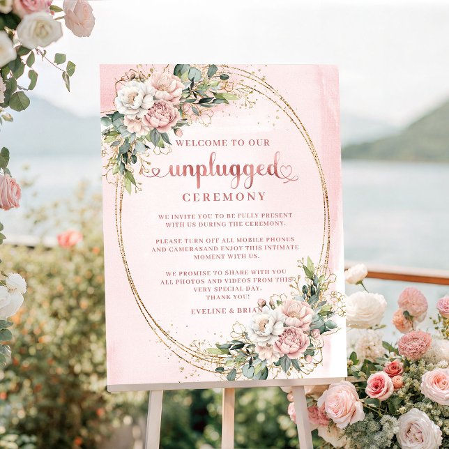 Poster Adorável Rosa Claro Rosa Dourado Floral Cerimônia  (Lovely Light Pink Rose Gold Floral Unplugged Ceremony

)