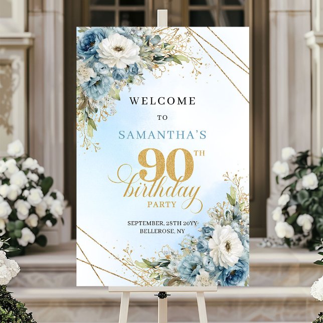 Poster Adorável Rustico azul poeirento dourado 90 bem-vin (Lovely Rustic dusty blue gold 90th birthday welcome)