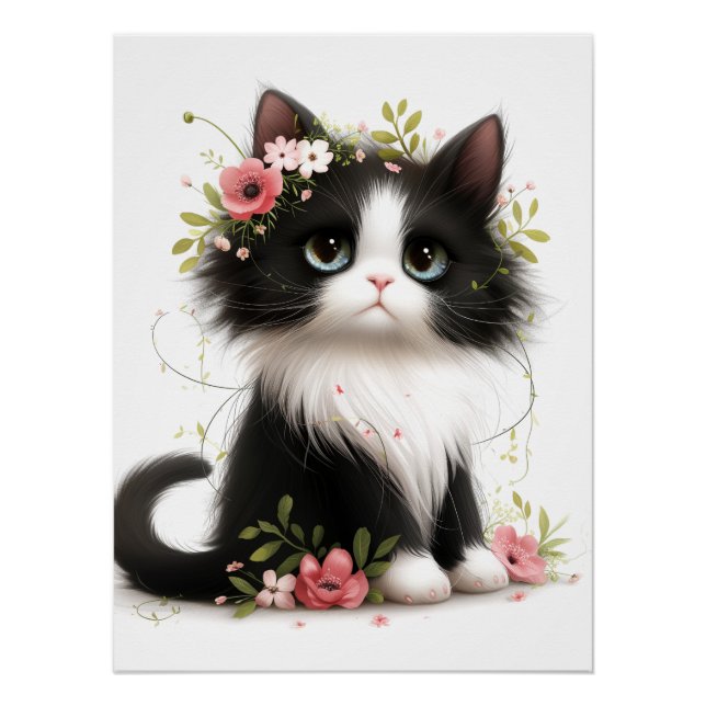 Pôster Adorável Tuxedo Kitten com Flores (Frente)