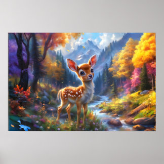 Poster Adorável veado bebê em uma floresta entonada