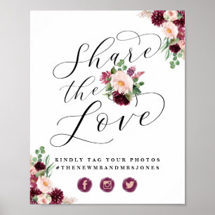 Poster Adore Floral Compartilhe o Amor Foto Hashtag Placa