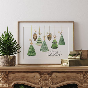 Poster Adorno Verde de Natal Alegre em Aquarela