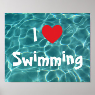 Poster Adoro Nadar Coração Vermelho com Água Piscina