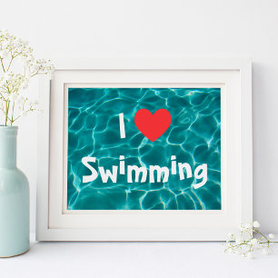 Poster Adoro Nadar Coração Vermelho com Água Piscina