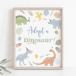 Poster Adote Um Boho Azul Dinossauro Aniversário